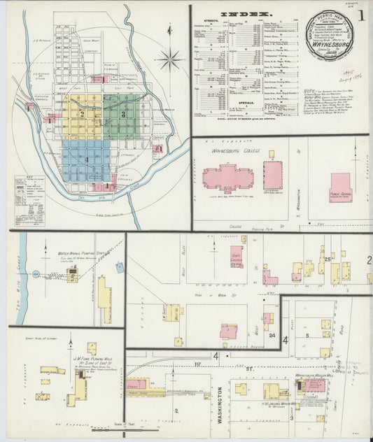 Sanborn Fire Insurance Map from Waynesburg, Greene County, Pennsylvania (1896), Sheet #0001 - Historic Sanborn Fire Insurance Map Print, vintage old map wall art, antique decor, genealogy gift, Pennsylvania Pennsylvania map