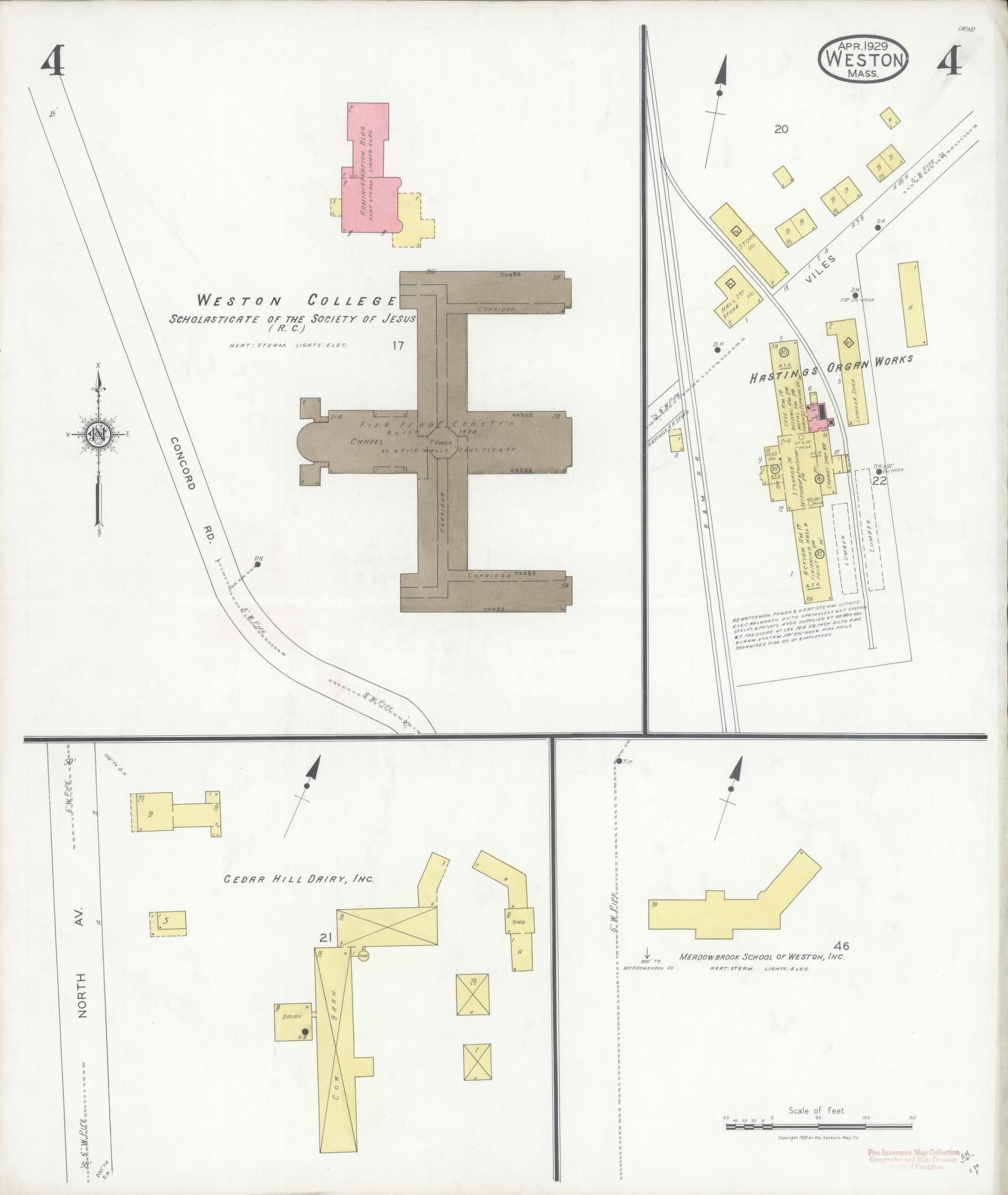 Sanborn Fire Insurance Map from Weston, Middlesex County, Massachusetts (1929), Sheet #0004 - Historic Sanborn Fire Insurance Map Print, vintage old map wall art, antique decor, genealogy gift, Massachusetts Massachusetts map