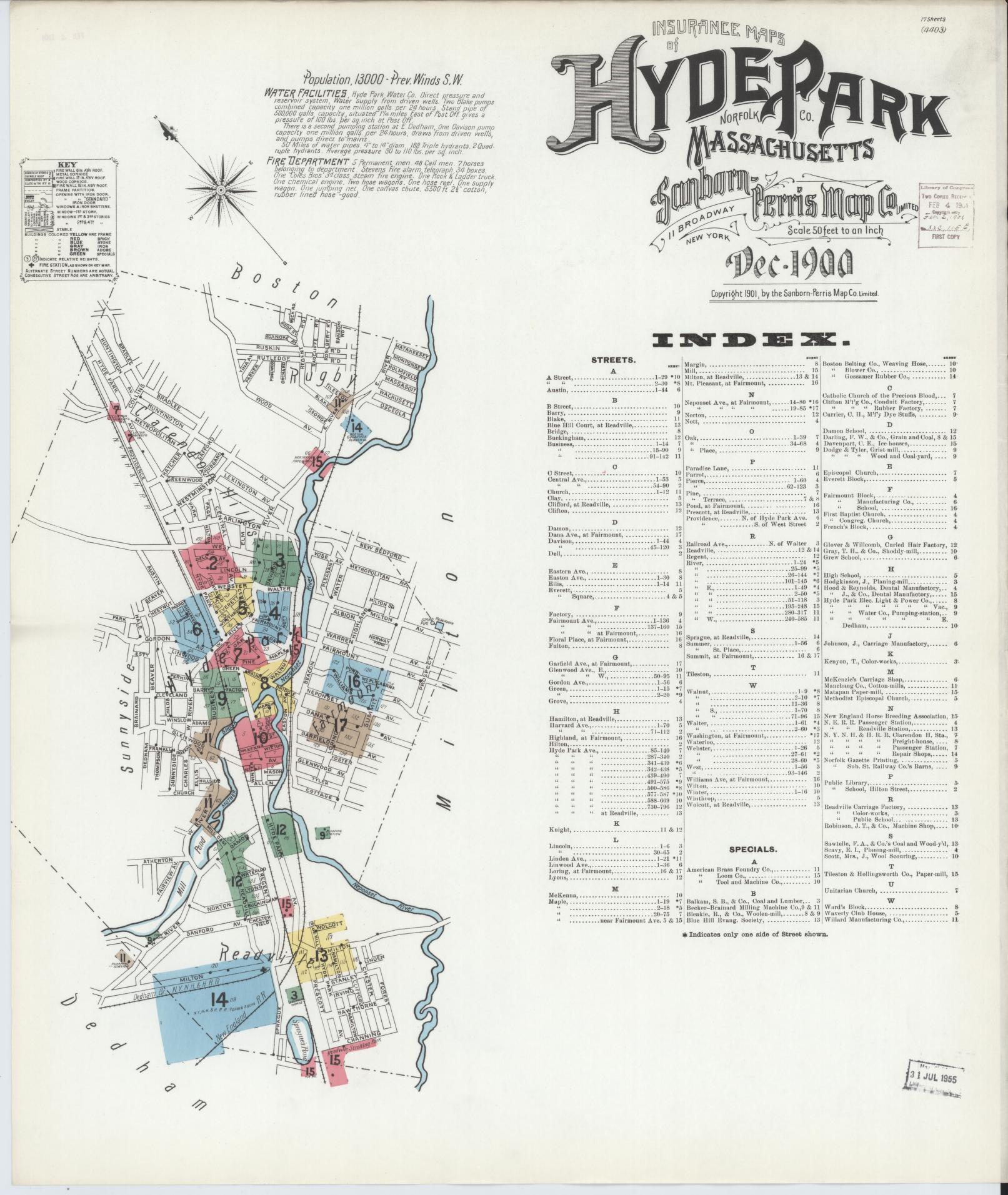 Sanborn Fire Insurance Map from Hyde Park, Norfolk County, Massachusetts (1900), Sheet #0001 - Complete Map Set gallery image, historic Sanborn map, vintage wall art, Massachusetts Massachusetts
