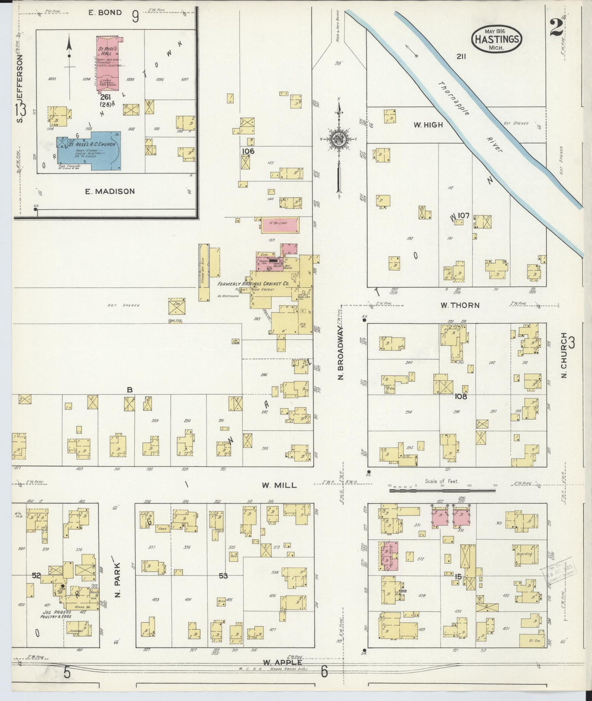 Sanborn Fire Insurance Map from Hastings, Barry County, Michigan (1916), Sheet #0002 - Historic Sanborn Fire Insurance Map Print, vintage old map wall art, antique decor, genealogy gift, Michigan Michigan map