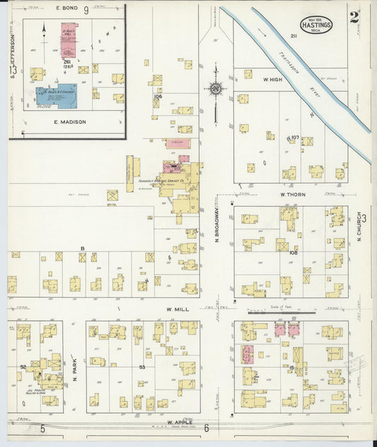 Sanborn Fire Insurance Map from Hastings, Barry County, Michigan (1916), Sheet #0002 - Historic Sanborn Fire Insurance Map Print, vintage old map wall art, antique decor, genealogy gift, Michigan Michigan map