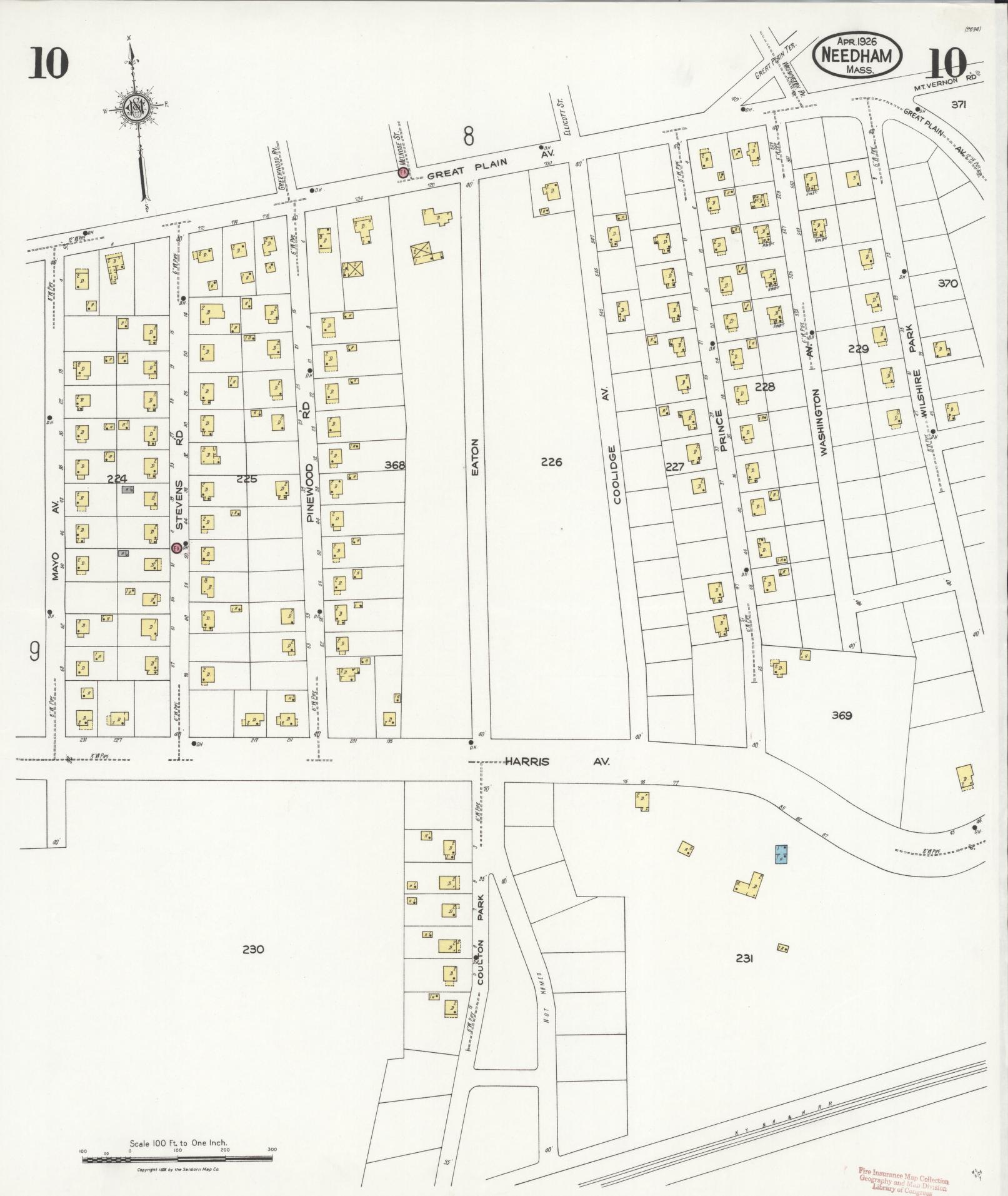 Sanborn Fire Insurance Map from Needham, Norfolk County, Massachusetts (1926), Sheet #0010 - Historic Sanborn Fire Insurance Map Print, vintage old map wall art, antique decor, genealogy gift, Massachusetts Massachusetts map