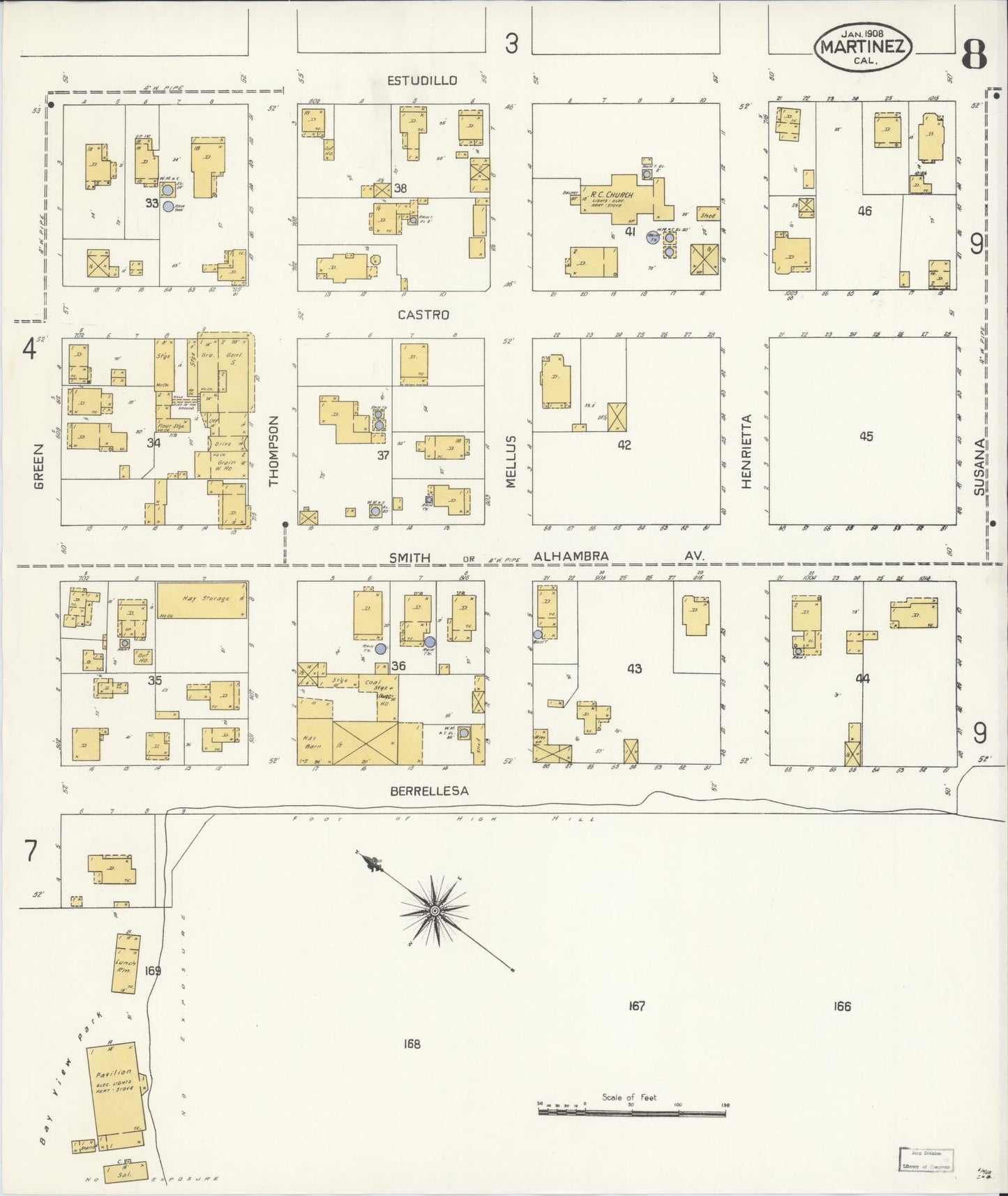 Sanborn Fire Insurance Map from Martinez, Contra Costa County, California (1908), Sheet #0008 - Historic Sanborn Fire Insurance Map Print, vintage old map wall art, antique decor, genealogy gift, California California map