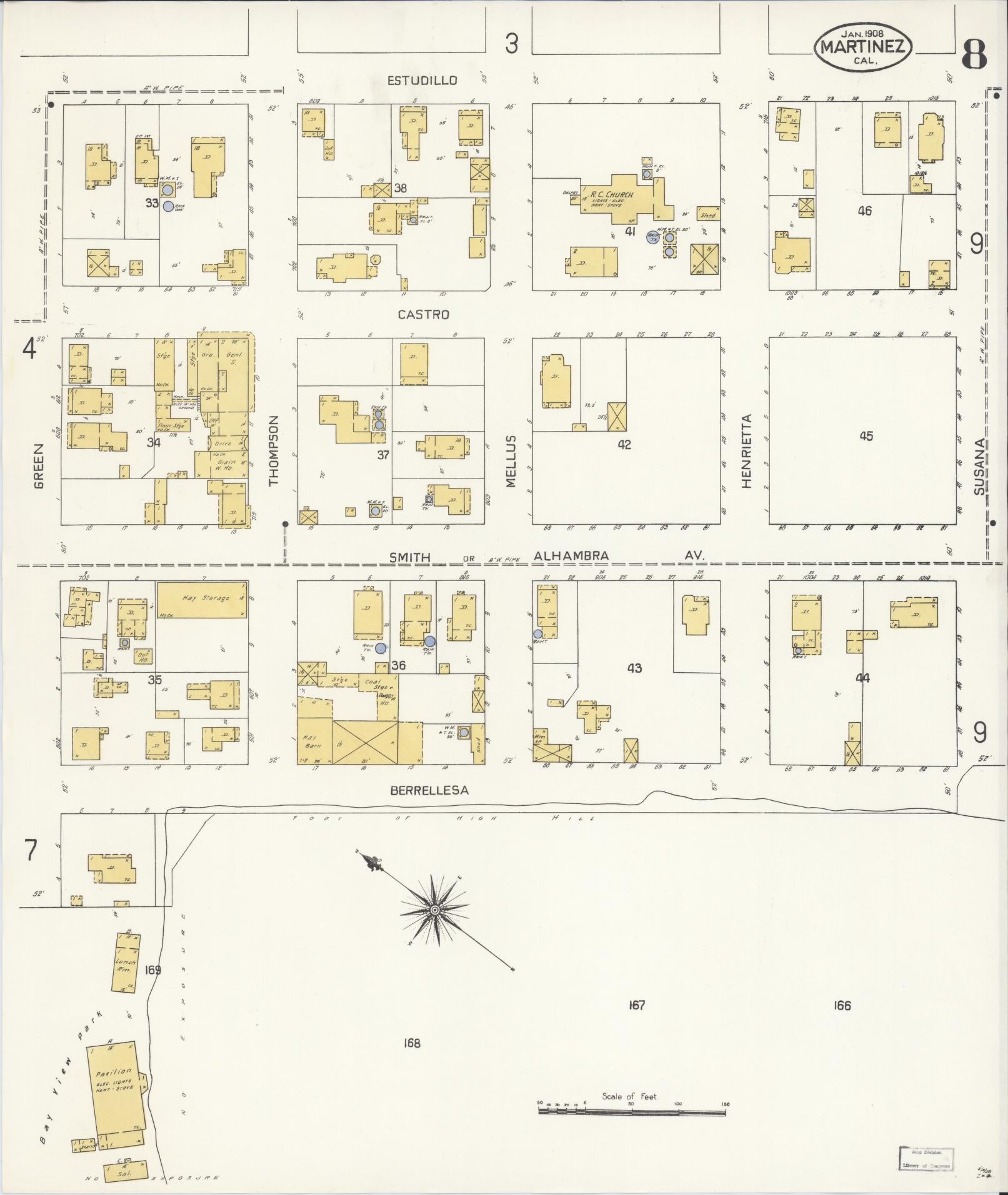 Sanborn Fire Insurance Map from Martinez, Contra Costa County, California (1908), Sheet #0008 - Historic Sanborn Fire Insurance Map Print, vintage old map wall art, antique decor, genealogy gift, California California map