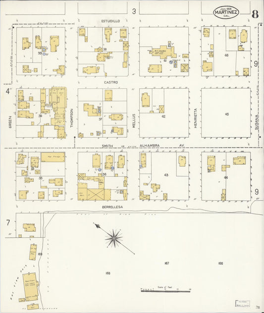 Sanborn Fire Insurance Map from Martinez, Contra Costa County, California (1908), Sheet #0008 - Historic Sanborn Fire Insurance Map Print, vintage old map wall art, antique decor, genealogy gift, California California map