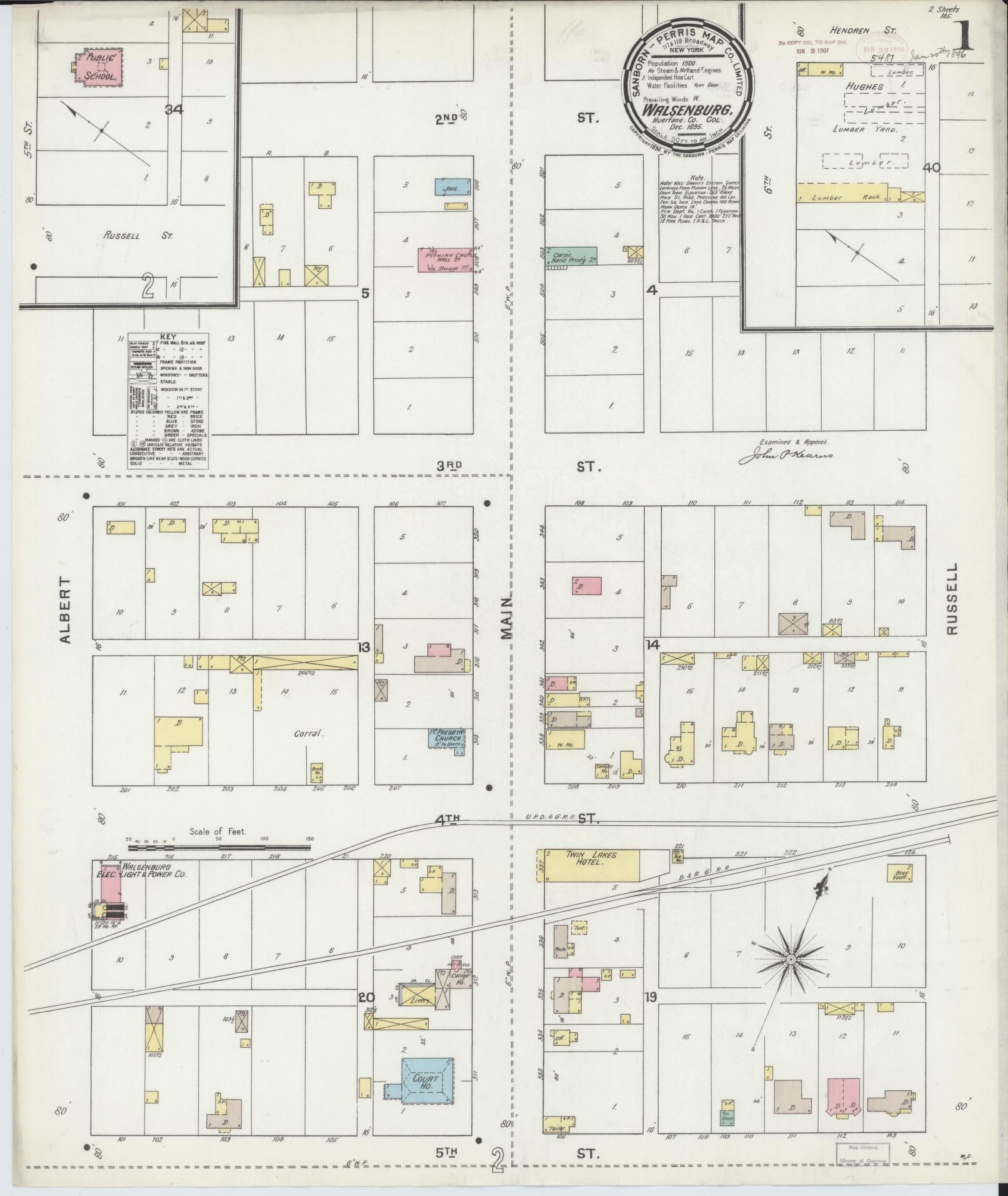 Sanborn Fire Insurance Map from Walsenburg, Huerfano County, Colorado (1895), Sheet #0001 - Complete Map Set gallery image, historic Sanborn map, vintage wall art, Colorado Colorado