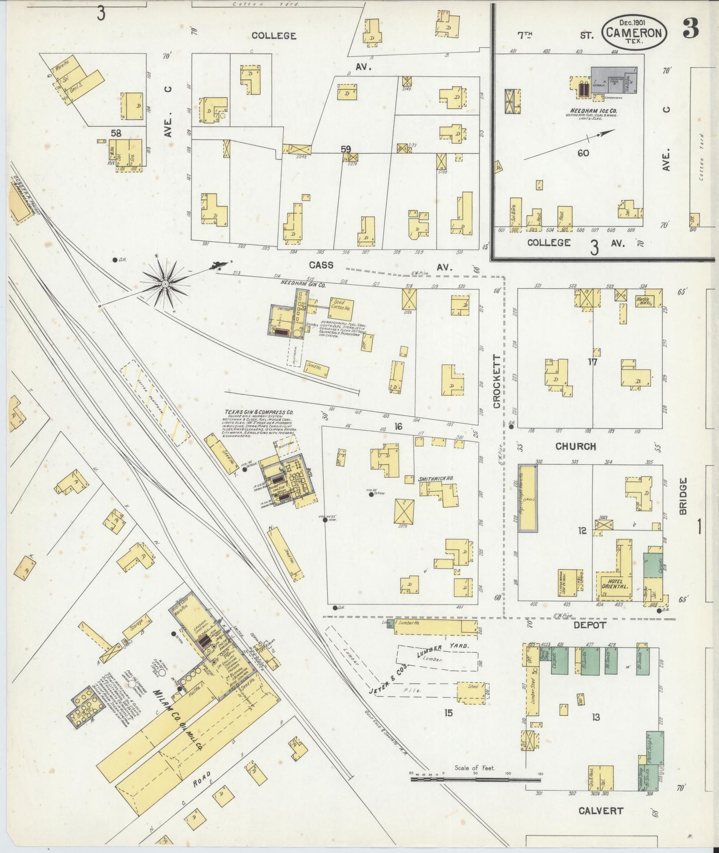 Sanborn Fire Insurance Map from Cameron, Milam County, Texas (1901), Sheet #0003 - Historic Sanborn Fire Insurance Map Print, vintage old map wall art, antique decor, genealogy gift, Texas Texas map