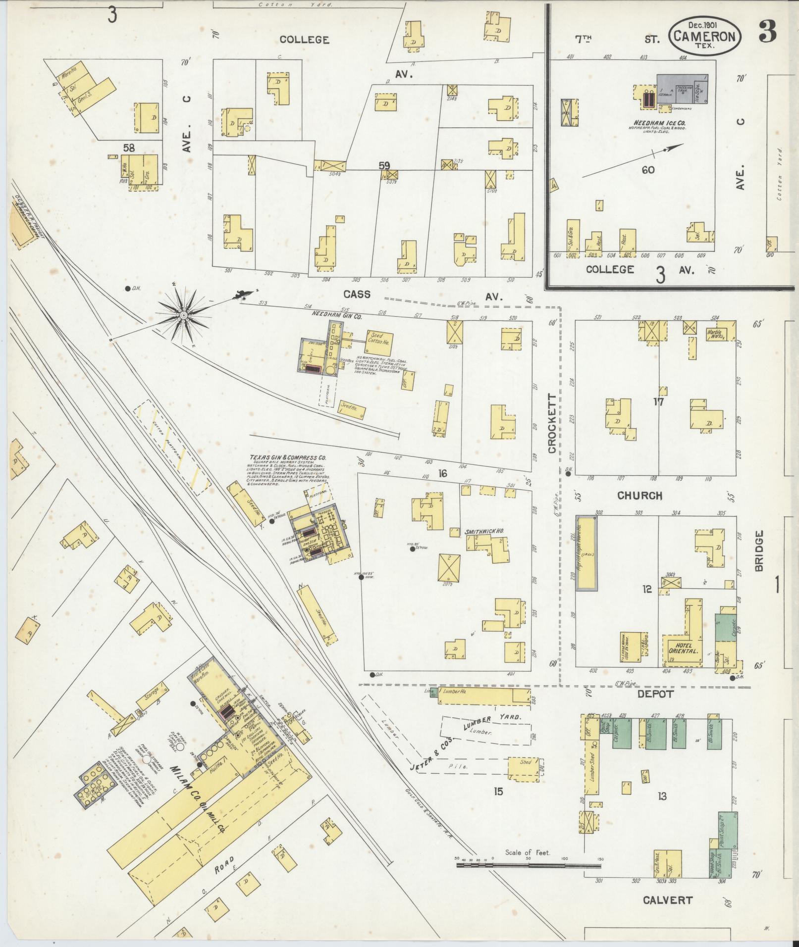 Sanborn Fire Insurance Map from Cameron, Milam County, Texas (1901), Sheet #0003 - Historic Sanborn Fire Insurance Map Print, vintage old map wall art, antique decor, genealogy gift, Texas Texas map