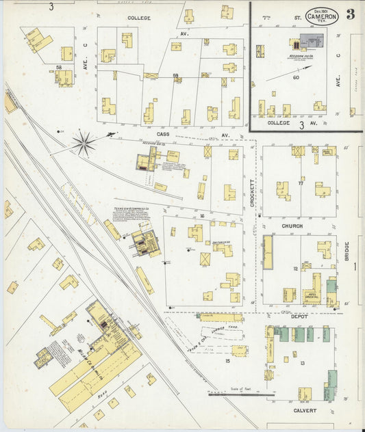 Sanborn Fire Insurance Map from Cameron, Milam County, Texas (1901), Sheet #0003 - Historic Sanborn Fire Insurance Map Print, vintage old map wall art, antique decor, genealogy gift, Texas Texas map