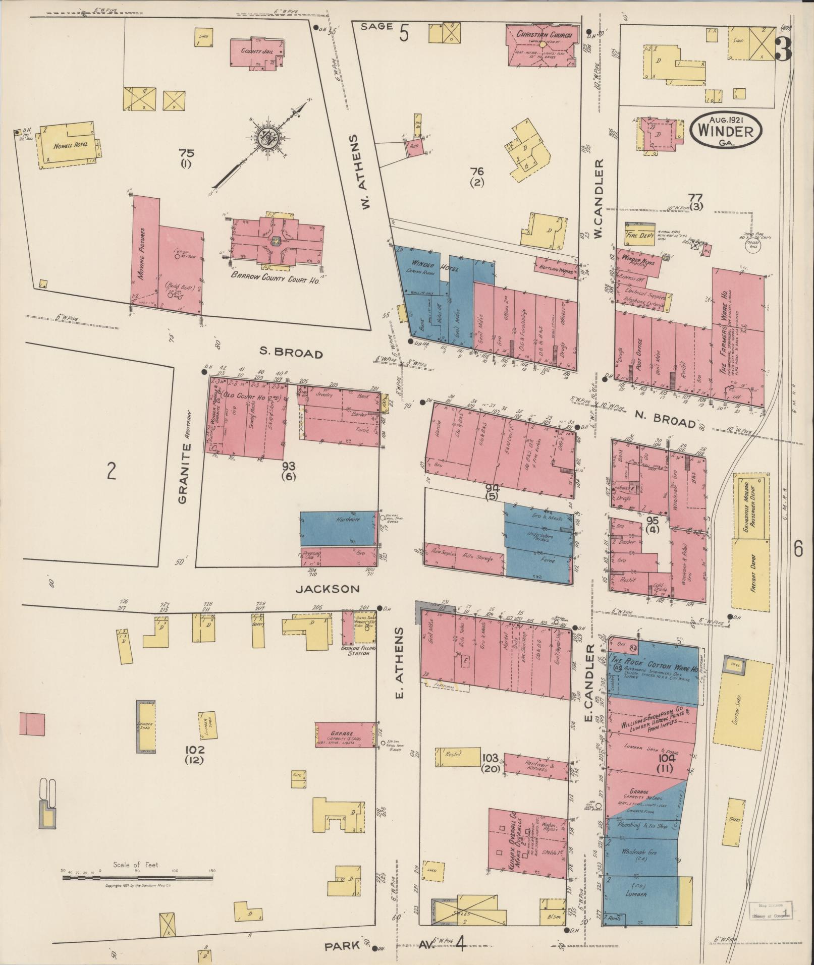Sanborn Fire Insurance Map from Winder, Barrow County, Georgia (1921), Sheet #0003 - Historic Sanborn Fire Insurance Map Print, vintage old map wall art, antique decor, genealogy gift, Georgia Georgia map