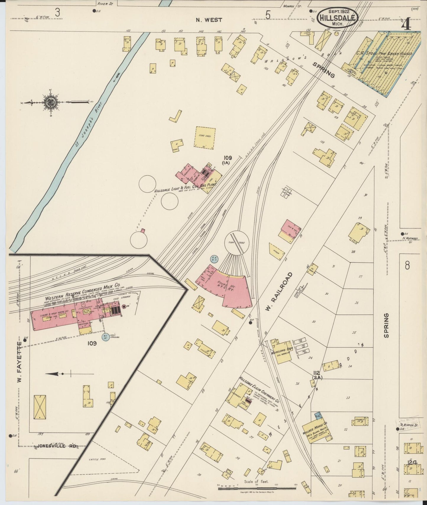 Sanborn Fire Insurance Map from Hillsdale, Hillsdale County, Michigan (1922), Sheet #0004 - Complete Map Set gallery image, historic Sanborn map, vintage wall art, Michigan Michigan