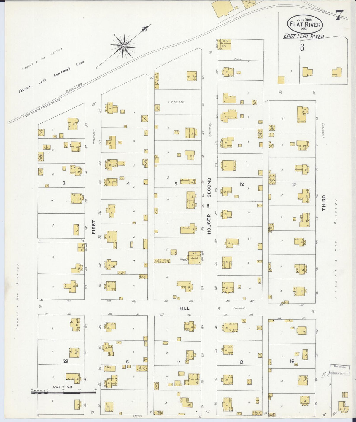 Sanborn Fire Insurance Map from Flat River, Saint Francois County, Missouri (1908), Sheet #0007 - Complete Map Set gallery image, historic Sanborn map, vintage wall art, Missouri Missouri