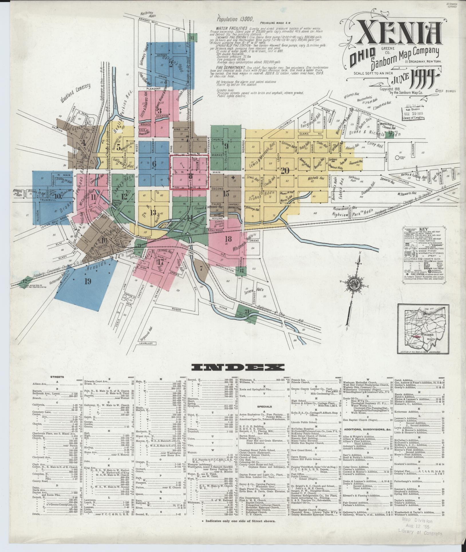 Sanborn Fire Insurance Map from Xenia, Greene County, Ohio (1919), Sheet #0001 - Historic Sanborn Fire Insurance Map Print, vintage old map wall art, antique decor, genealogy gift, Ohio Ohio map