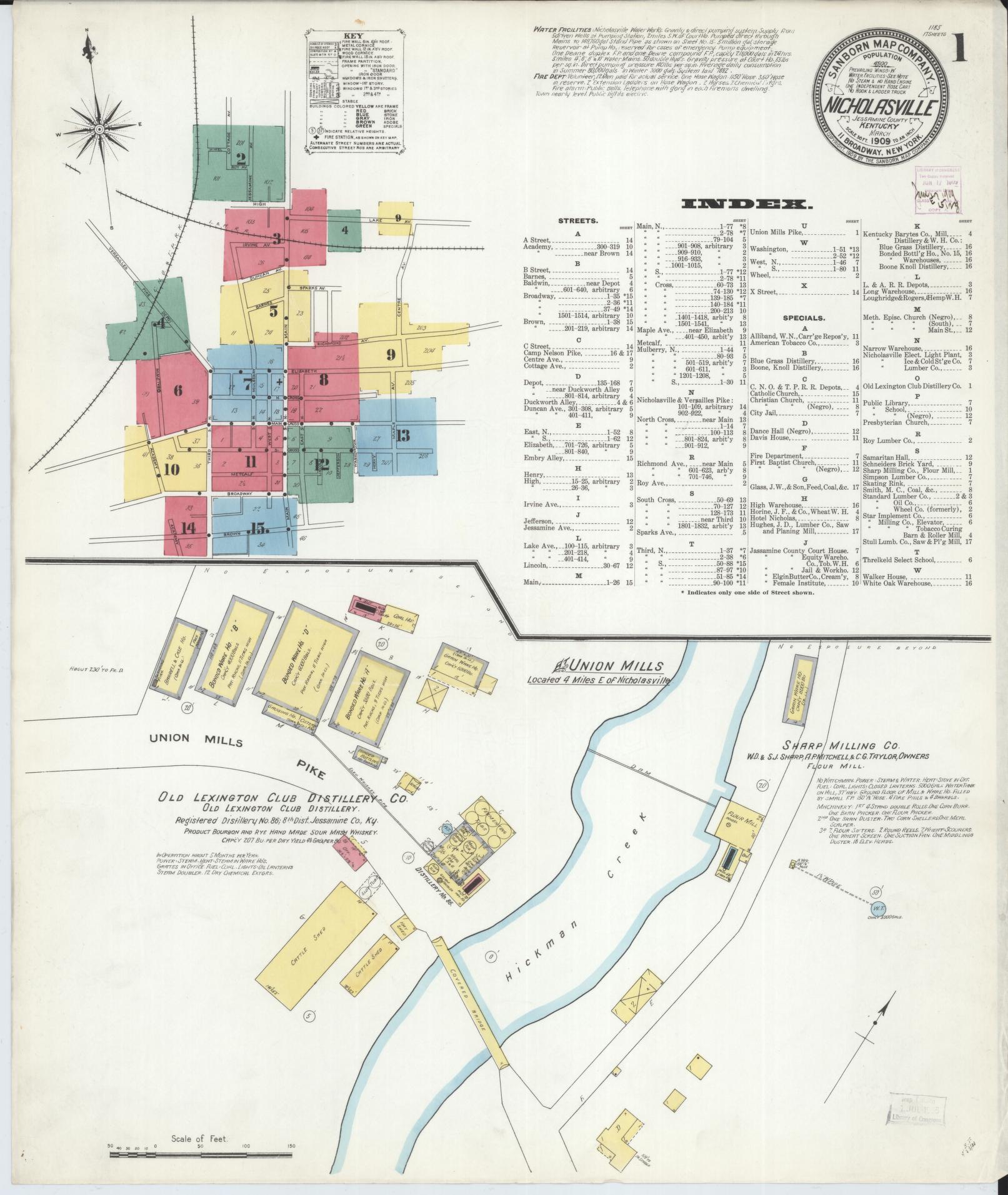 Sanborn Fire Insurance Map from Nicholasville, Jessamine County, Kentucky (1909), Sheet #0001 - Historic Sanborn Fire Insurance Map Print, vintage old map wall art, antique decor, genealogy gift, Kentucky Kentucky map