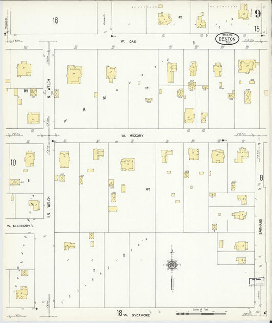 Sanborn Fire Insurance Map from Denton, Denton County, Texas (1912), Sheet #0009 - Historic Sanborn Fire Insurance Map Print, vintage old map wall art, antique decor, genealogy gift, Texas Texas map