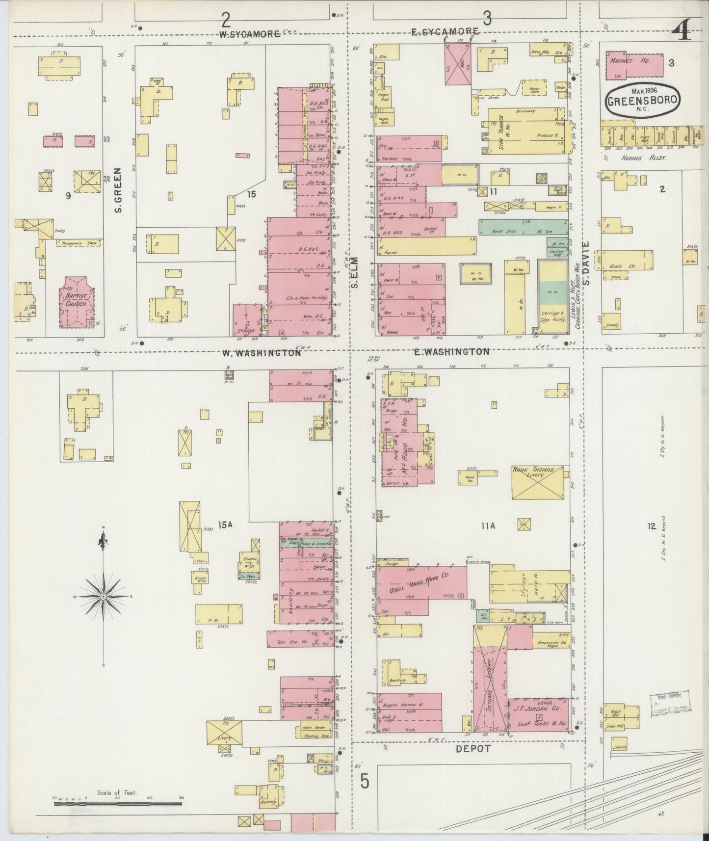 Sanborn Fire Insurance Map from Greensboro, Guilford County, North Carolina (1896), Sheet #0004 - Complete Map Set gallery image, historic Sanborn map, vintage wall art, North Carolina North Carolina