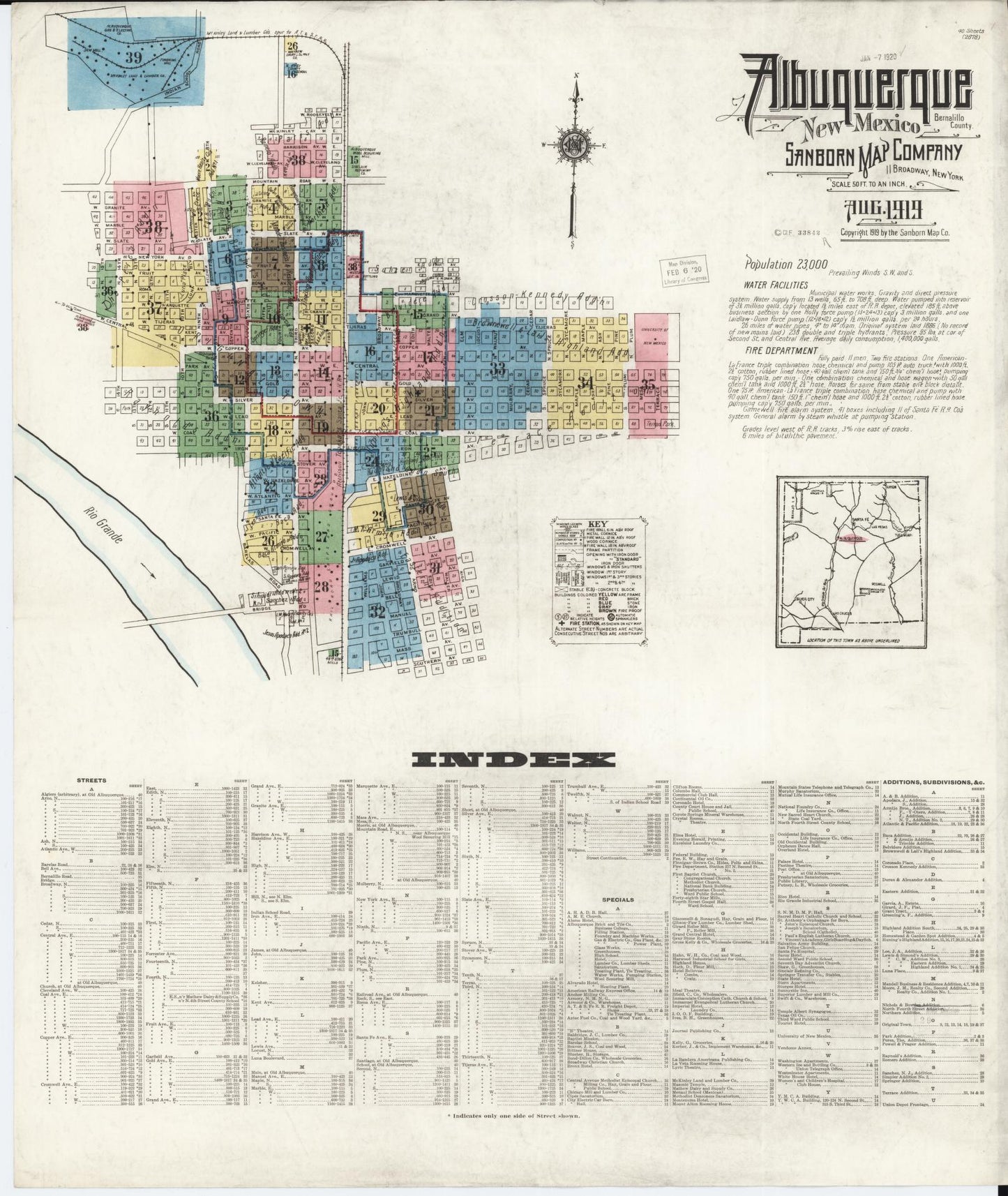 Sanborn Fire Insurance Map from Albuquerque, Bernalillo County, New Mexico (1919), Sheet #0001 - Historic Sanborn Fire Insurance Map Print, vintage old map wall art, antique decor, genealogy gift, New Mexico New Mexico map