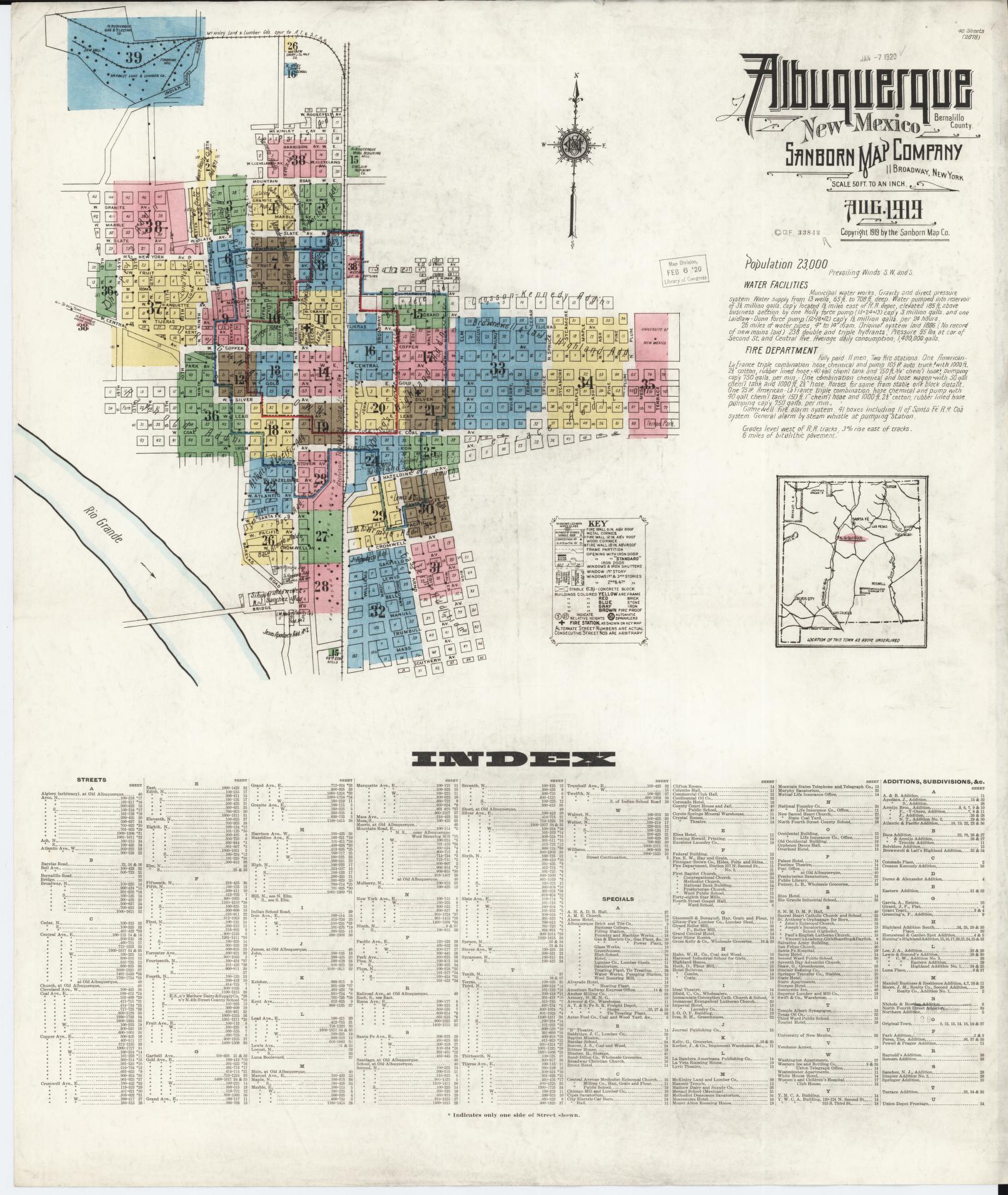 Sanborn Fire Insurance Map from Albuquerque, Bernalillo County, New Mexico (1919), Sheet #0001 - Historic Sanborn Fire Insurance Map Print, vintage old map wall art, antique decor, genealogy gift, New Mexico New Mexico map