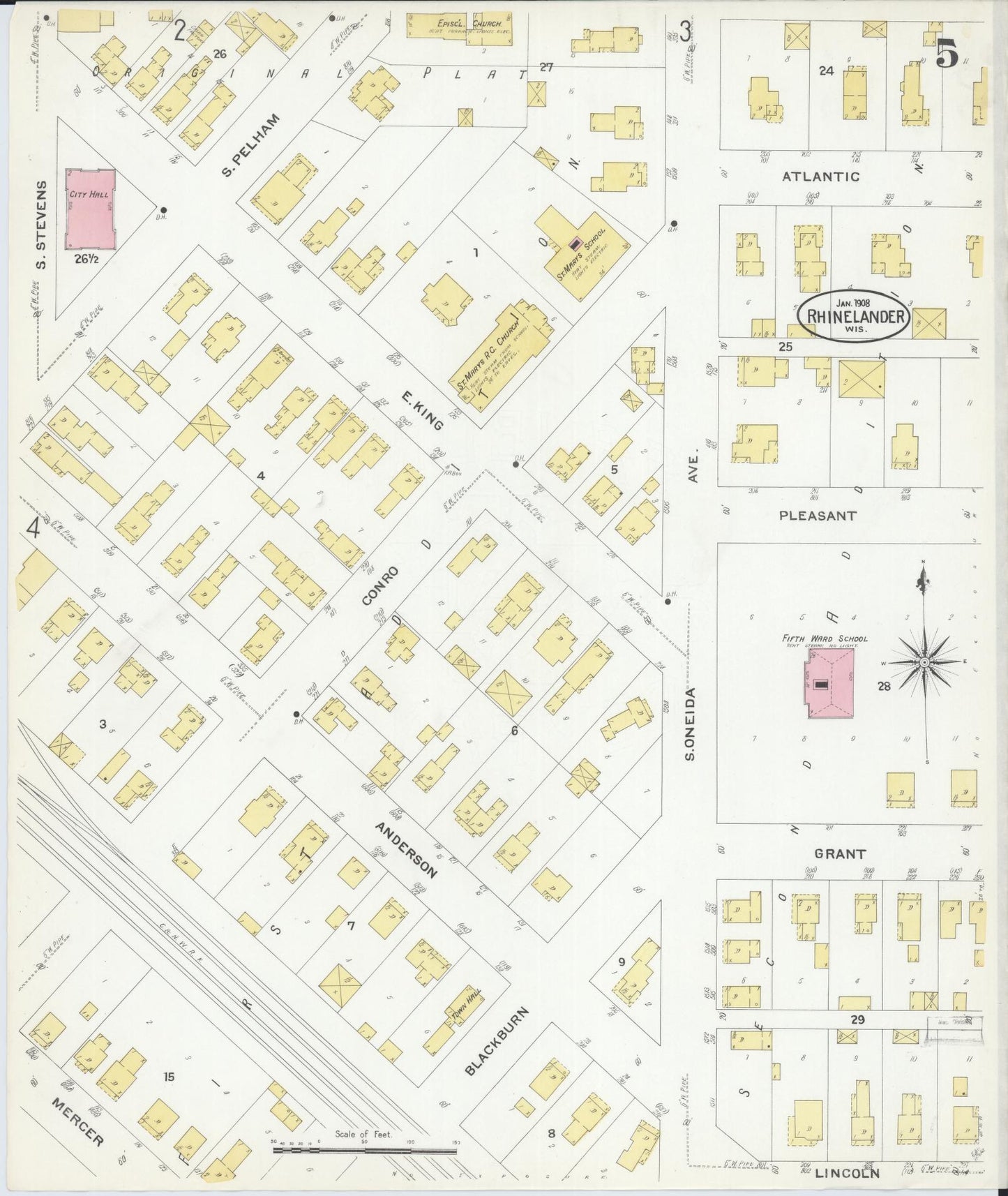 Sanborn Fire Insurance Map from Rhinelander, Oneida County, Wisconsin (1908), Sheet #0005 - Complete Map Set gallery image, historic Sanborn map, vintage wall art, Wisconsin Wisconsin