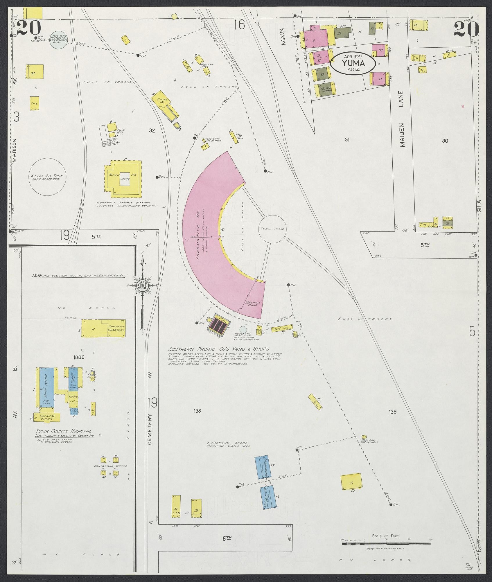 Sanborn Fire Insurance Map from Yuma, Yuma County, Arizona (1927), Sheet #0020 - Historic Sanborn Fire Insurance Map Print, vintage old map wall art, antique decor, genealogy gift, Arizona Arizona map