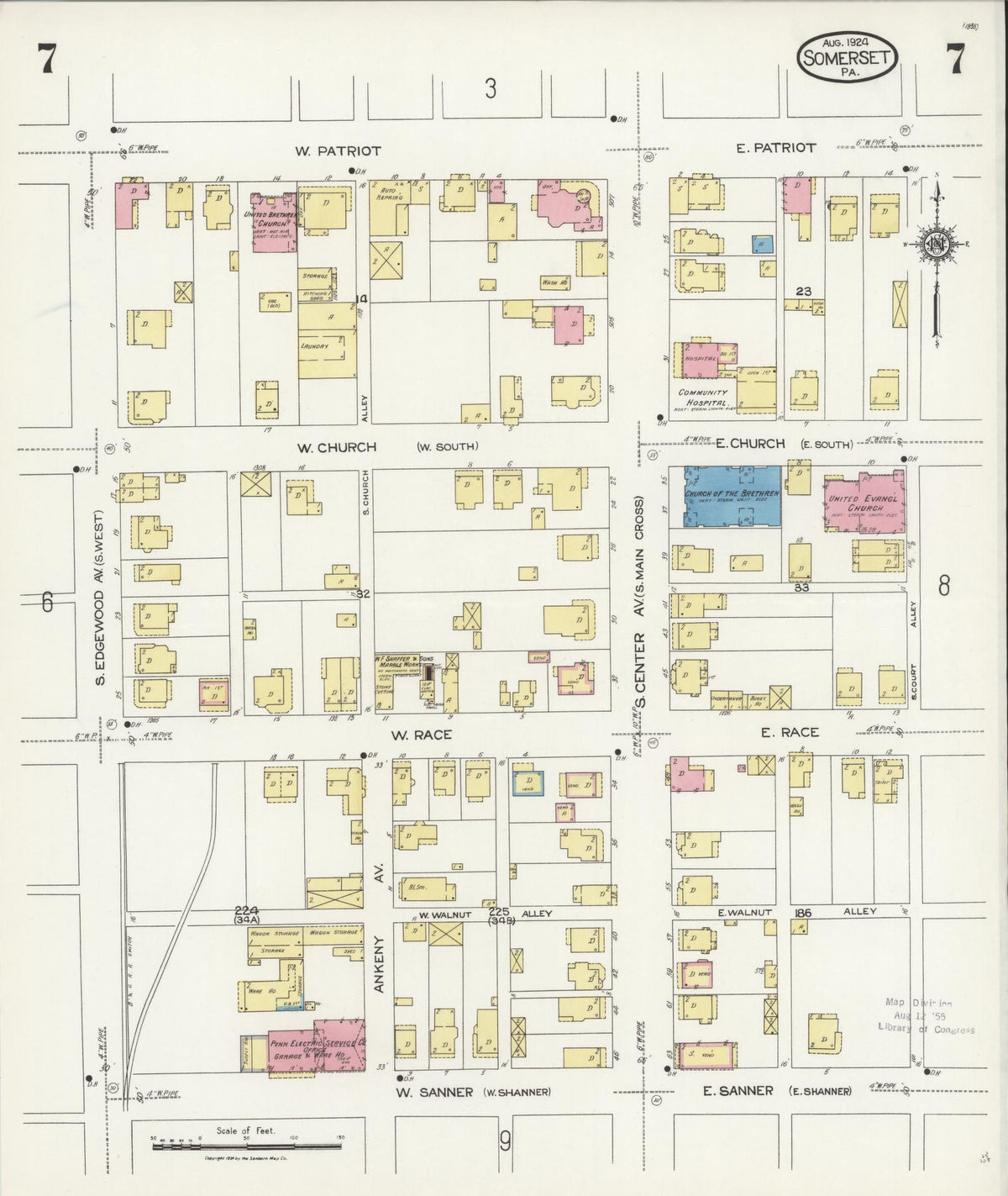 Sanborn Fire Insurance Map from Somerset, Somerset County, Pennsylvania (1924), Sheet #0007 - Historic Sanborn Fire Insurance Map Print, vintage old map wall art, antique decor, genealogy gift, Pennsylvania Pennsylvania map