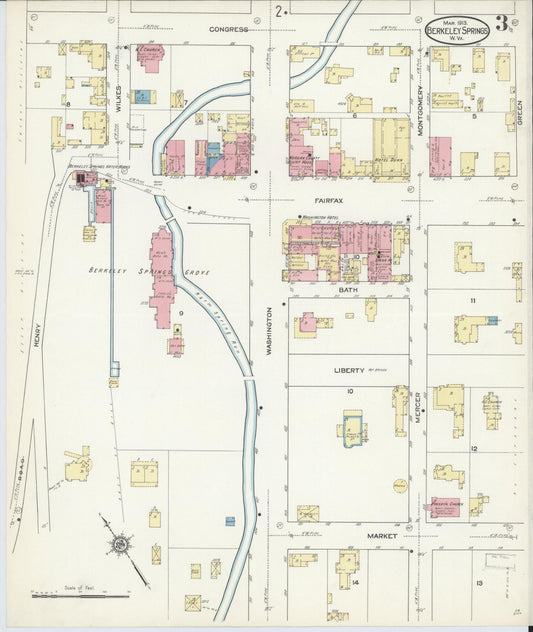 Sanborn Fire Insurance Map from Berkeley Springs, Morgan County, West Virginia (1913), Sheet #0003 - Historic Sanborn Fire Insurance Map Print, vintage old map wall art, antique decor, genealogy gift, West Virginia West Virginia map