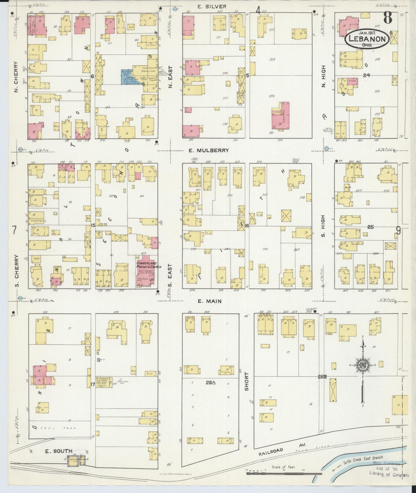 Sanborn Fire Insurance Map from Lebanon, Warren County, Ohio (1917), Sheet #0008 - Complete Map Set gallery image, historic Sanborn map, vintage wall art, Ohio Ohio