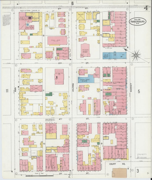 Sanborn Fire Insurance Map from Parkersburg, Wood County, West Virginia (1904), Sheet #0004 - Historic Sanborn Fire Insurance Map Print, vintage old map wall art, antique decor, genealogy gift, West Virginia West Virginia map