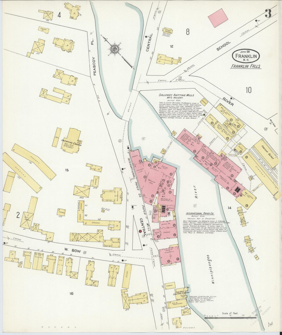 Sanborn Fire Insurance Map from Franklin, Merrimack County, New Hampshire (1911), Sheet #0003 - Complete Map Set gallery image, historic Sanborn map, vintage wall art, New Hampshire New Hampshire