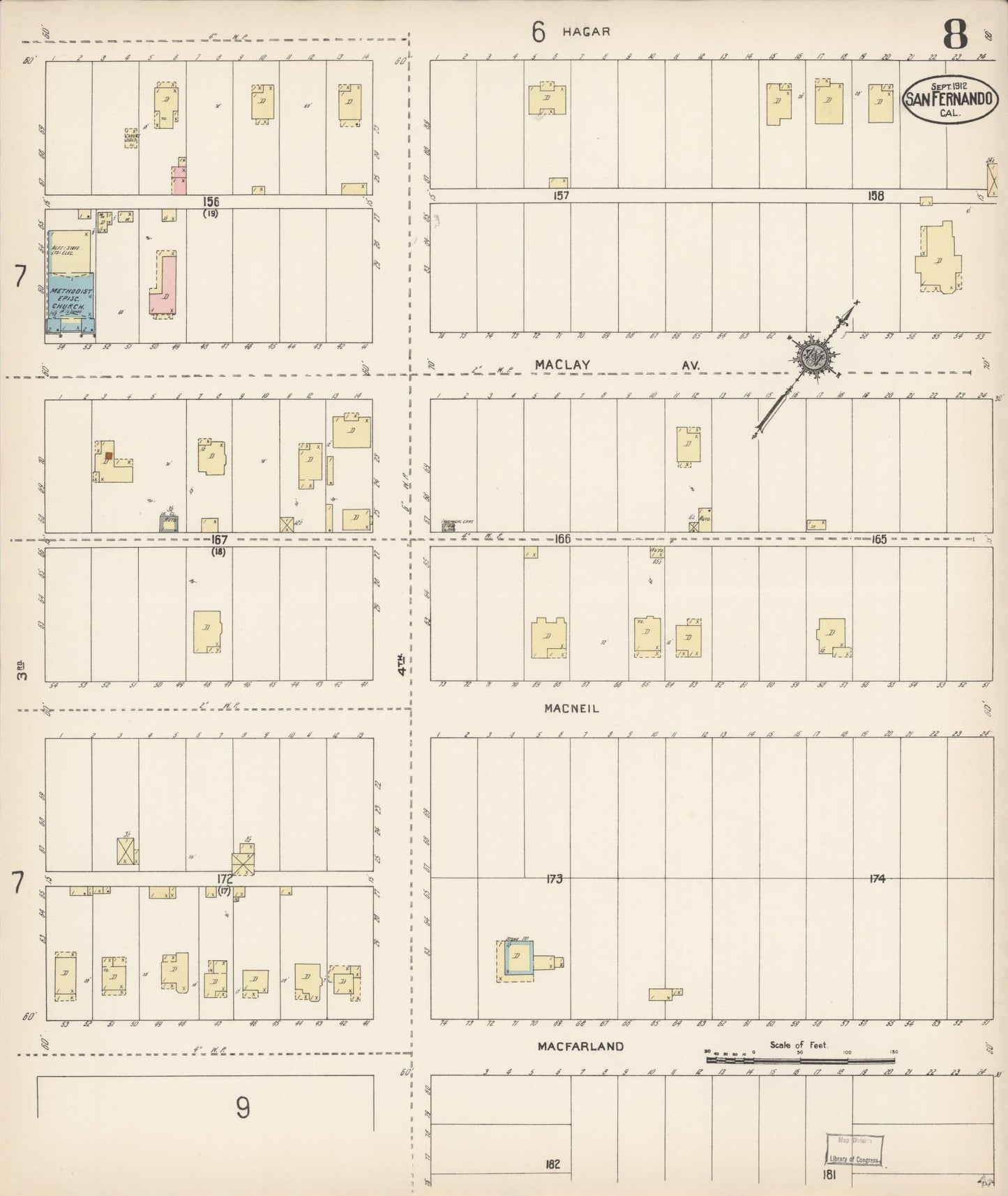 Sanborn Fire Insurance Map from San Fernando, Los Angeles County, California (1912), Sheet #0008 - Complete Map Set gallery image, historic Sanborn map, vintage wall art, California California