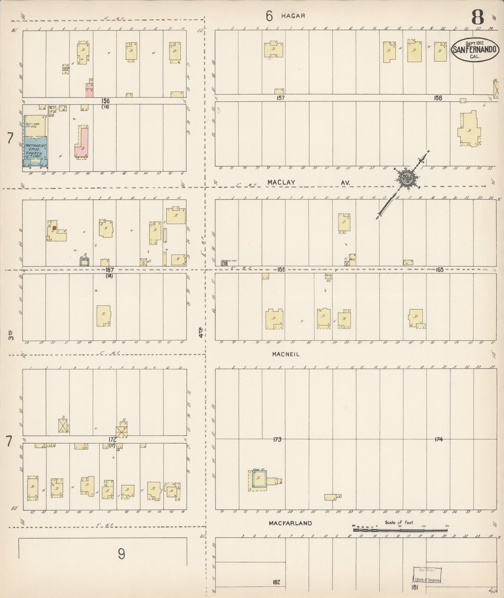 Sanborn Fire Insurance Map from San Fernando, Los Angeles County, California (1912), Sheet #0008 - Complete Map Set gallery image, historic Sanborn map, vintage wall art, California California
