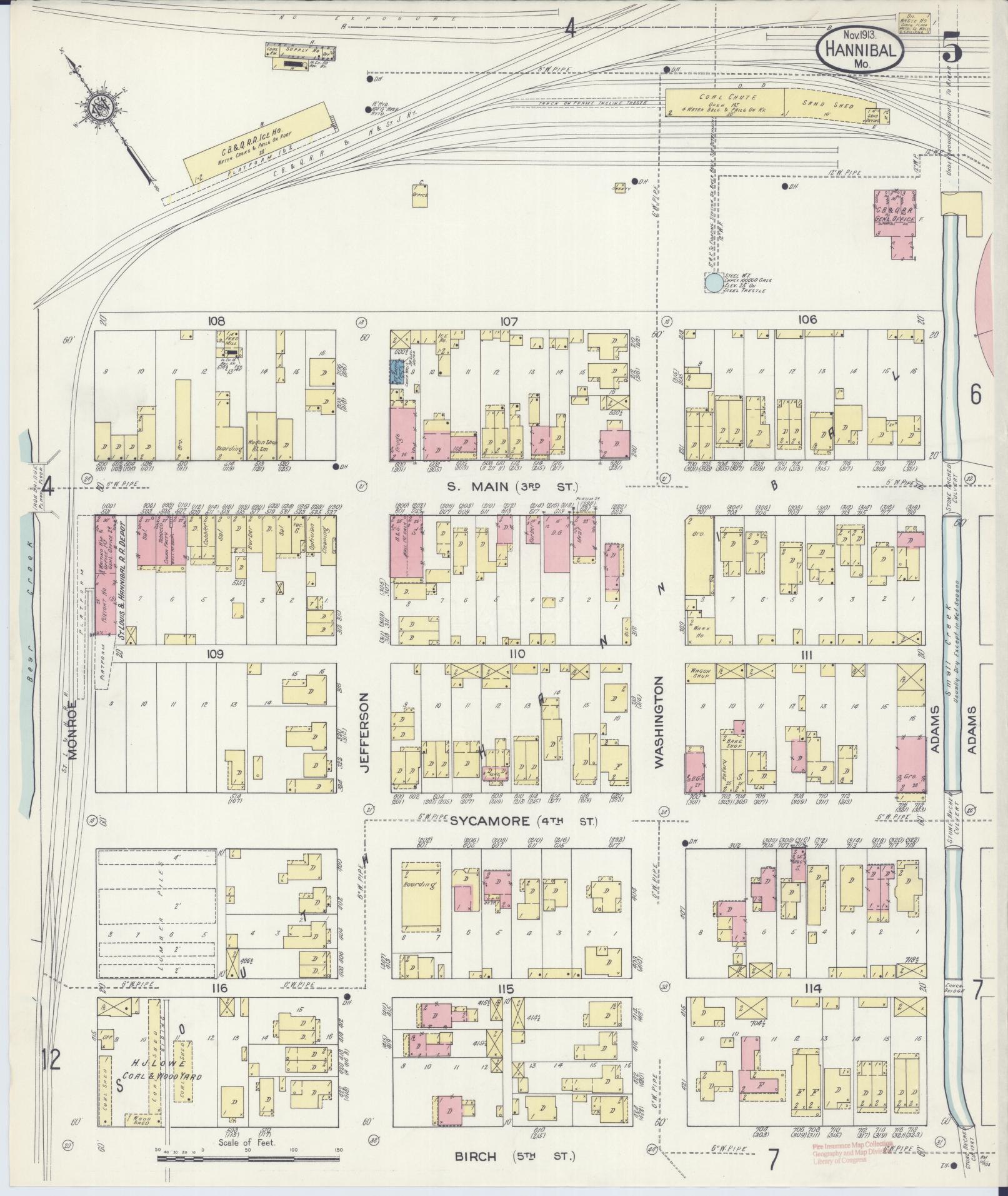 Sanborn Fire Insurance Map from Hannibal, Marion County, Missouri (1913), Sheet #0005 - Complete Map Set gallery image, historic Sanborn map, vintage wall art, Missouri Missouri