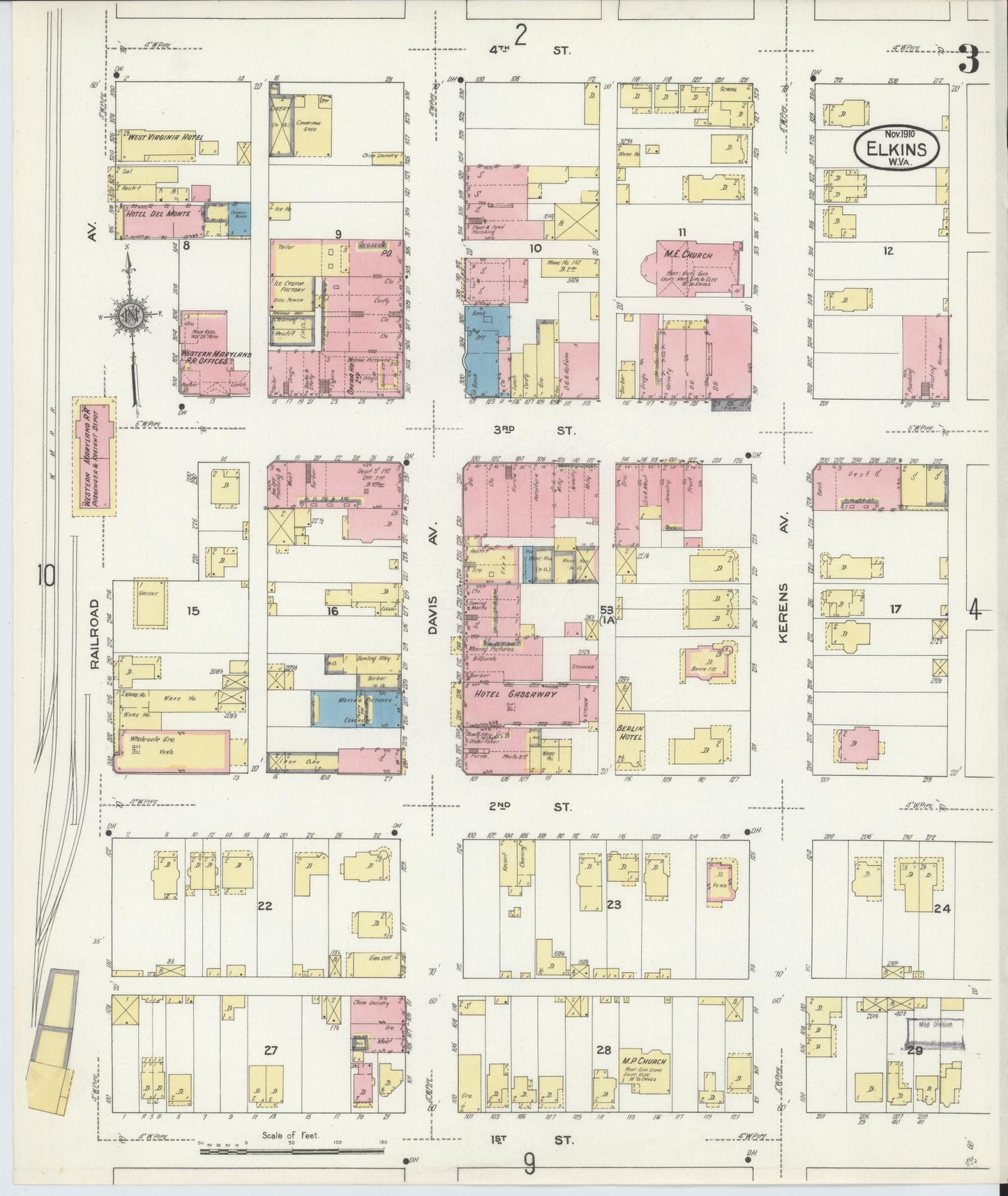Sanborn Fire Insurance Map from Elkins, Randolph County, West Virginia (1910), Sheet #0003 - Complete Map Set gallery image, historic Sanborn map, vintage wall art, West Virginia West Virginia
