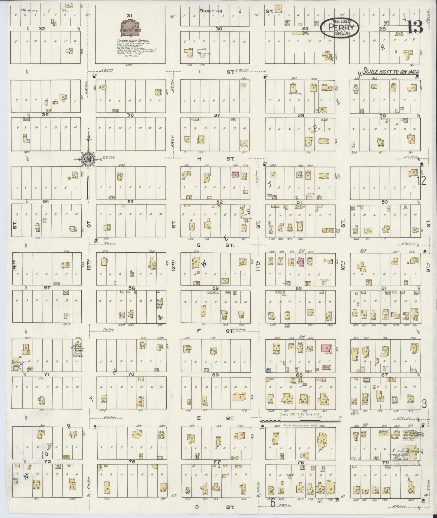 Sanborn Fire Insurance Map from Perry, Noble County, Oklahoma (1920), Sheet #0013 - Complete Map Set gallery image, historic Sanborn map, vintage wall art, Oklahoma Oklahoma
