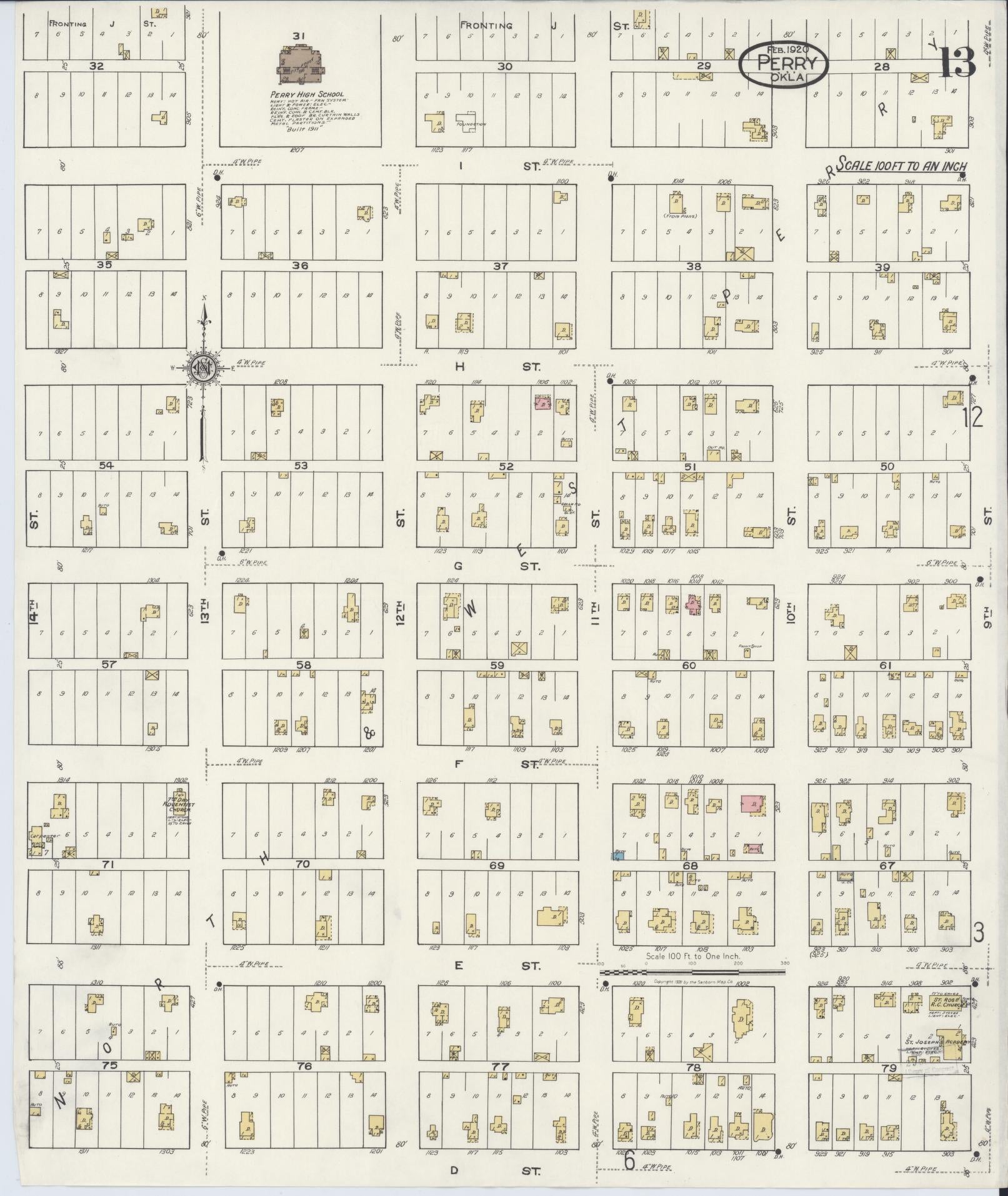 Sanborn Fire Insurance Map from Perry, Noble County, Oklahoma (1920), Sheet #0013 - Complete Map Set gallery image, historic Sanborn map, vintage wall art, Oklahoma Oklahoma