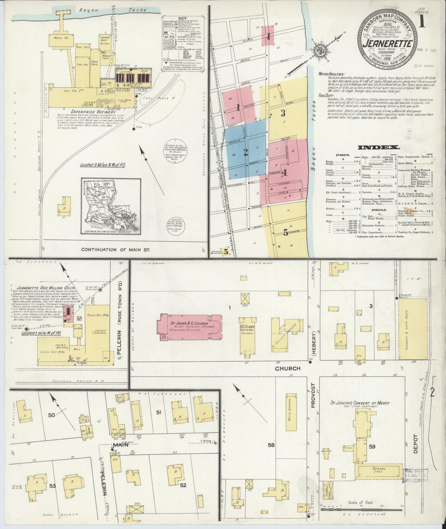 Sanborn Fire Insurance Map from Jeannerette, Iberia Parish, Louisiana (1912), Sheet #0001 - Complete Map Set gallery image, historic Sanborn map, vintage wall art, Louisiana Louisiana