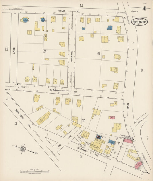 Sanborn Fire Insurance Map from Huntington, Suffolk County, New York (1922), Sheet #0004 - Historic Sanborn Fire Insurance Map Print, vintage old map wall art, antique decor, genealogy gift, New York New York map