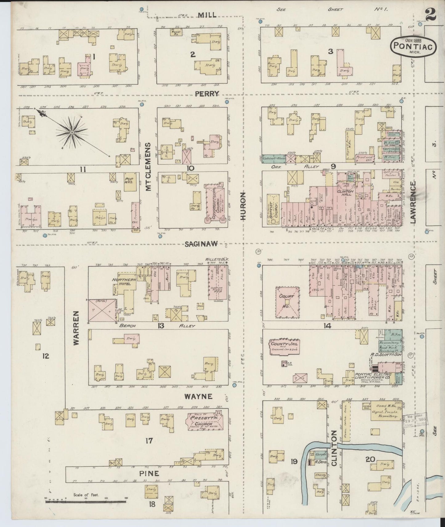 Sanborn Fire Insurance Map from Pontiac, Oakland County, Michigan (1888), Sheet #0002 - Complete Map Set gallery image, historic Sanborn map, vintage wall art, Michigan Michigan