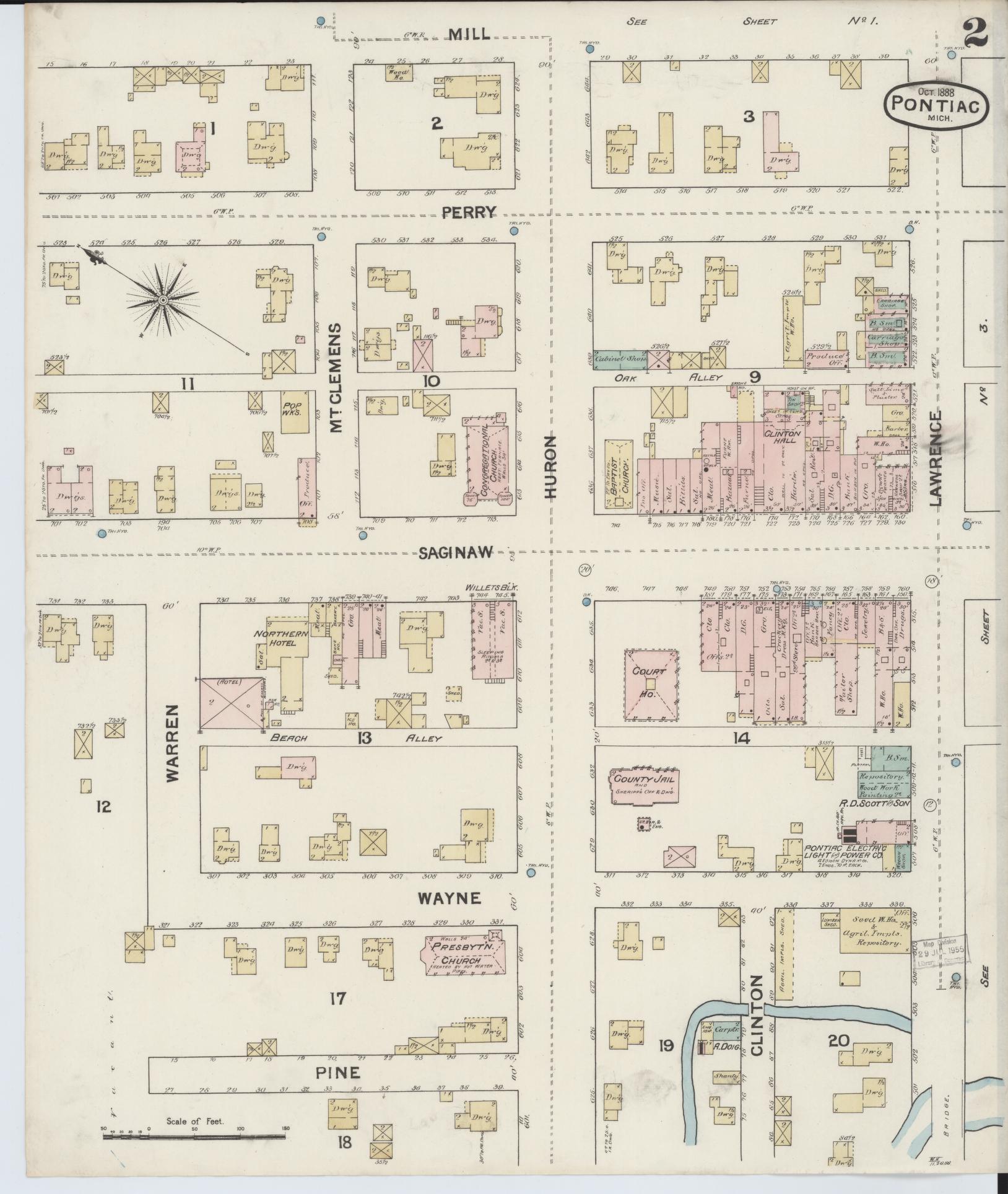 Sanborn Fire Insurance Map from Pontiac, Oakland County, Michigan (1888), Sheet #0002 - Complete Map Set gallery image, historic Sanborn map, vintage wall art, Michigan Michigan
