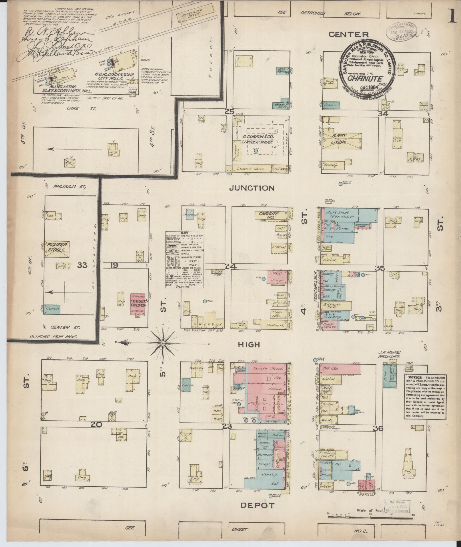 Sanborn Fire Insurance Map from Chanute, Neosho County, Kansas (1884), Sheet #0001 - Complete Map Set gallery image, historic Sanborn map, vintage wall art, Kansas Kansas
