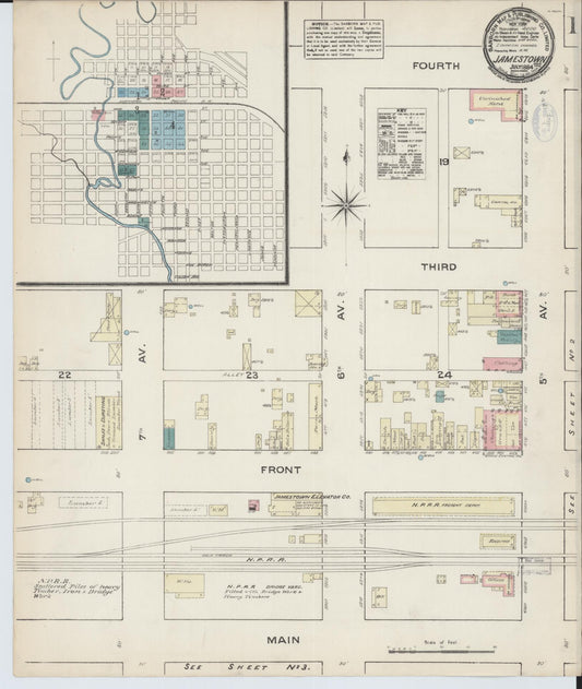 Sanborn Fire Insurance Map from Jamestown, Stutsman County, North Dakota (1884), Sheet #0001 - Complete Map Set gallery image, historic Sanborn map, vintage wall art, North Dakota North Dakota