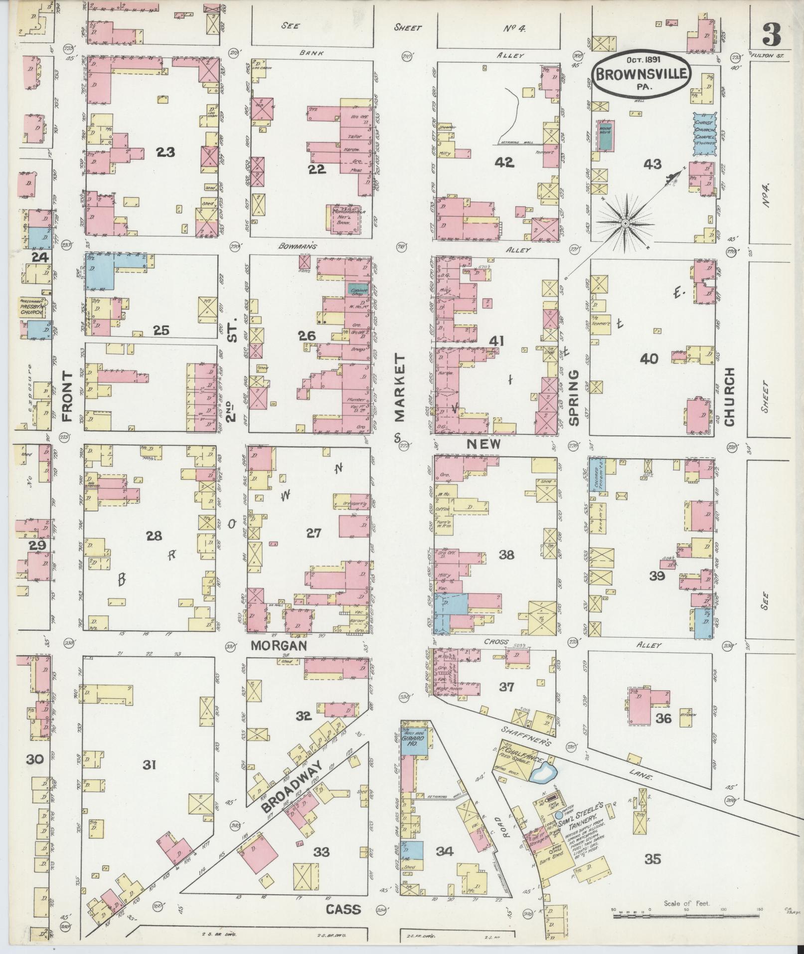 Sanborn Fire Insurance Map from Brownsville, Fayette County, Pennsylvania (1891), Sheet #0003 - Historic Sanborn Fire Insurance Map Print, vintage old map wall art, antique decor, genealogy gift, Pennsylvania Pennsylvania map