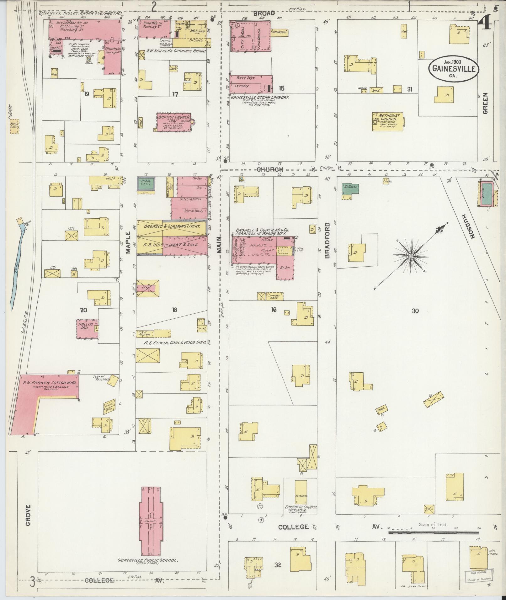 Sanborn Fire Insurance Map from Gainesville, Hall County, Georgia (1903), Sheet #0004 - Historic Sanborn Fire Insurance Map Print, vintage old map wall art, antique decor, genealogy gift, Georgia Georgia map