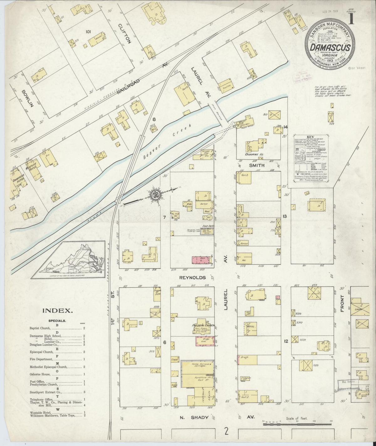 Sanborn Fire Insurance Map from Damascus, Washington County, Virginia (1913), Sheet #0001 - Complete Map Set gallery image, historic Sanborn map, vintage wall art, Virginia Virginia