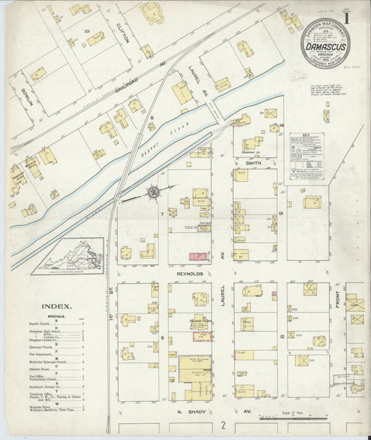 Sanborn Fire Insurance Map from Damascus, Washington County, Virginia (1913), Sheet #0001 - Complete Map Set gallery image, historic Sanborn map, vintage wall art, Virginia Virginia