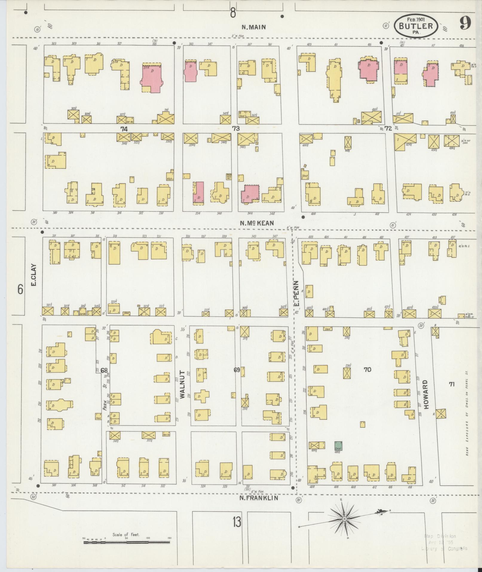 Sanborn Fire Insurance Map from Butler, Butler County, Pennsylvania (1901), Sheet #0009 - Historic Sanborn Fire Insurance Map Print, vintage old map wall art, antique decor, genealogy gift, Pennsylvania Pennsylvania map