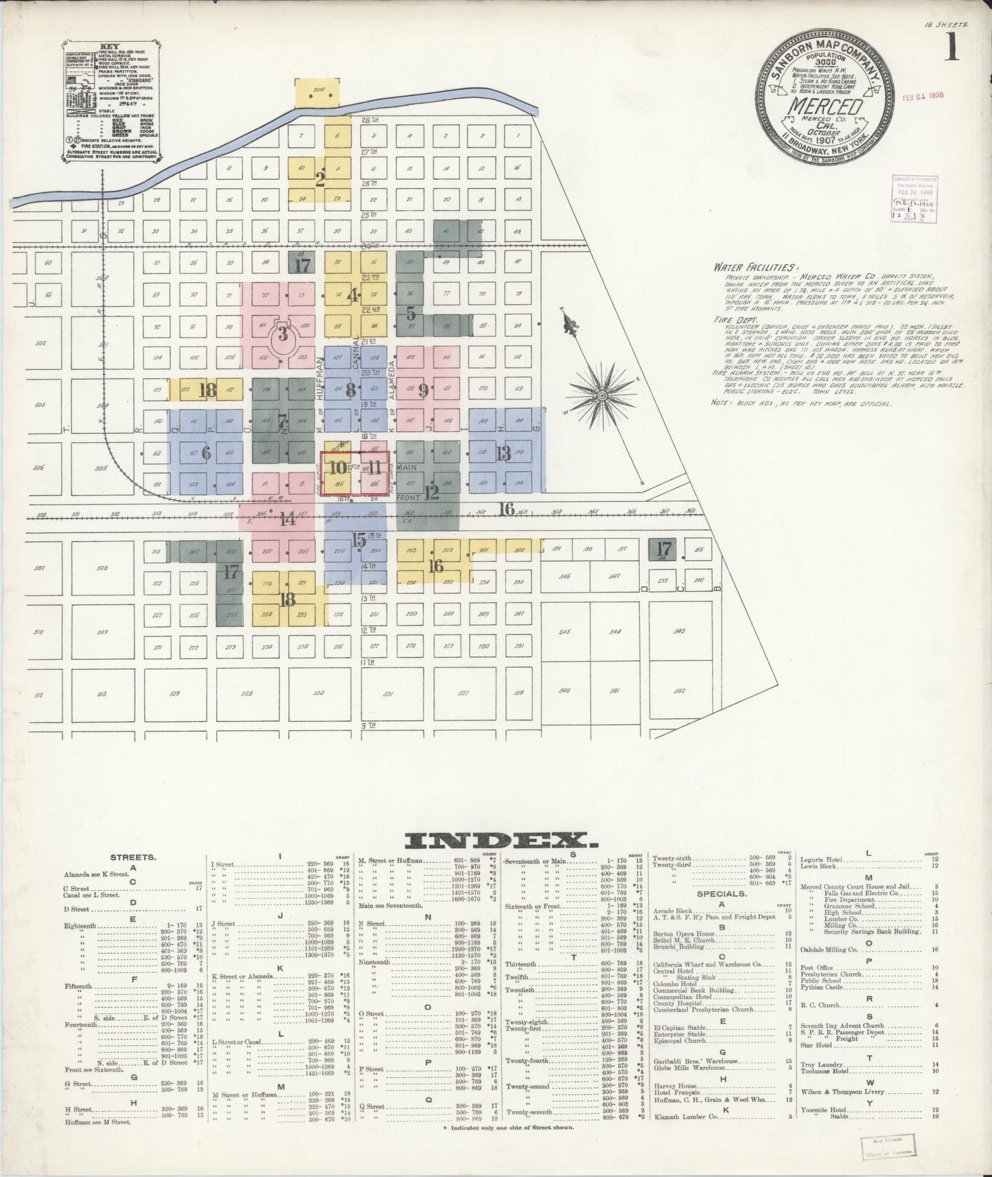 Sanborn Fire Insurance Map from Merced, Merced County, California (1907), Sheet #0001 - Complete Map Set gallery image, historic Sanborn map, vintage wall art, California California