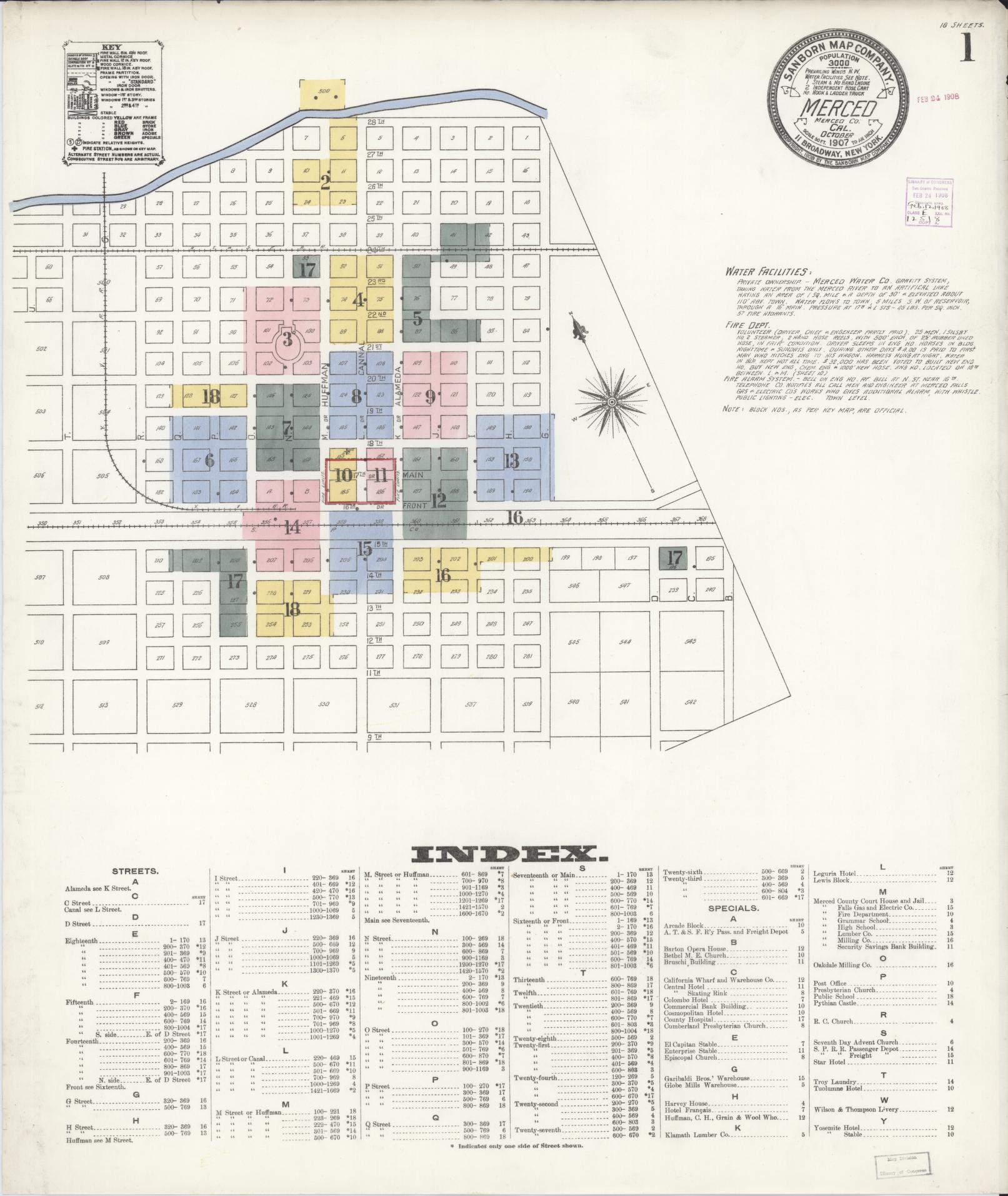 Sanborn Fire Insurance Map from Merced, Merced County, California (1907), Sheet #0001 - Complete Map Set gallery image, historic Sanborn map, vintage wall art, California California
