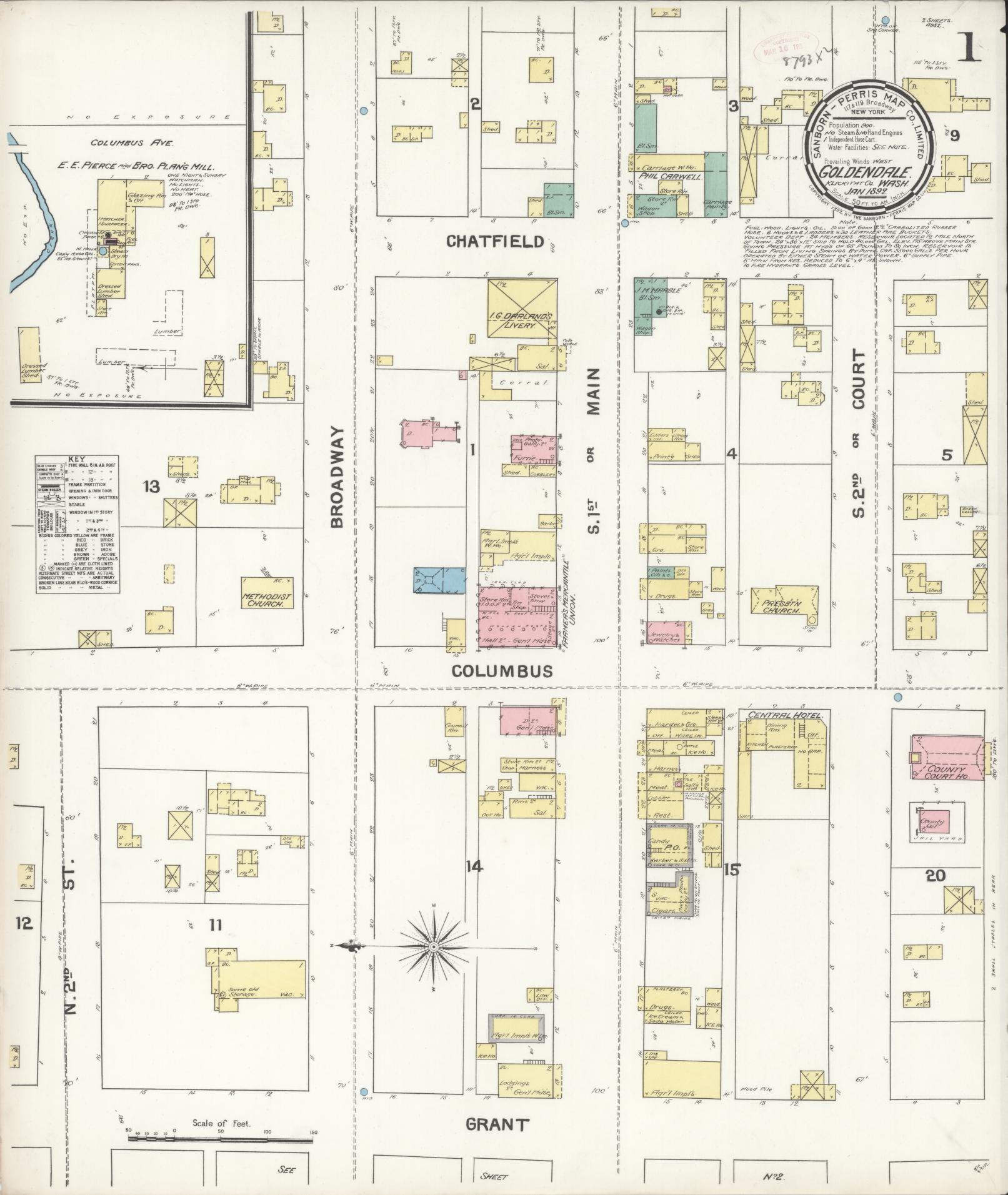 Sanborn Fire Insurance Map from Goldendale, Klickitat County, Washington (1892), Sheet #0001 - Complete Map Set gallery image, historic Sanborn map, vintage wall art, Washington Washington