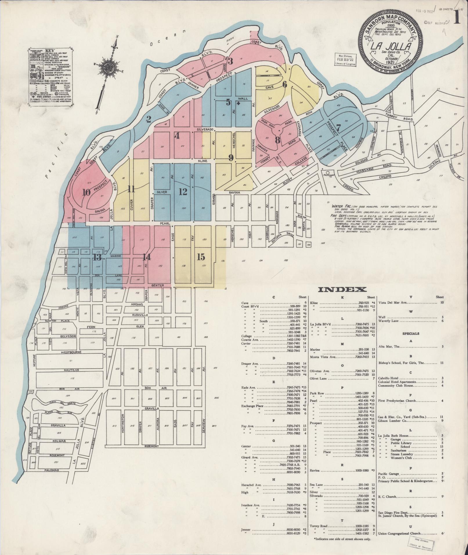 Sanborn Fire Insurance Map from La Jolla, San Diego County, California (1921), Sheet #0001 - Historic Sanborn Fire Insurance Map Print, vintage old map wall art, antique decor, genealogy gift, California California map